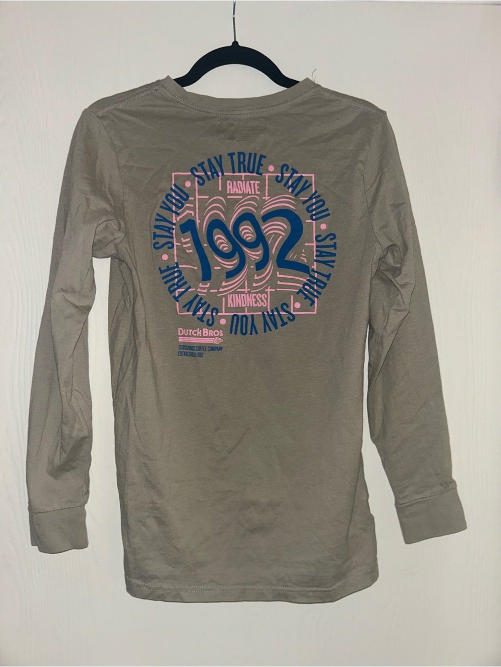 Dutch Bros Long Sleeve Graphic Tee - Taupe with Pink & Blue Print